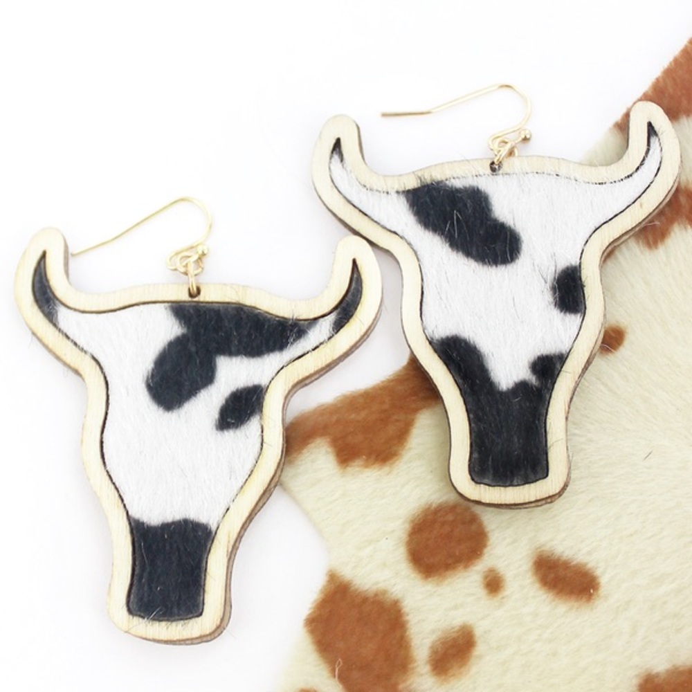 Cow Wood Steer Head Earrings